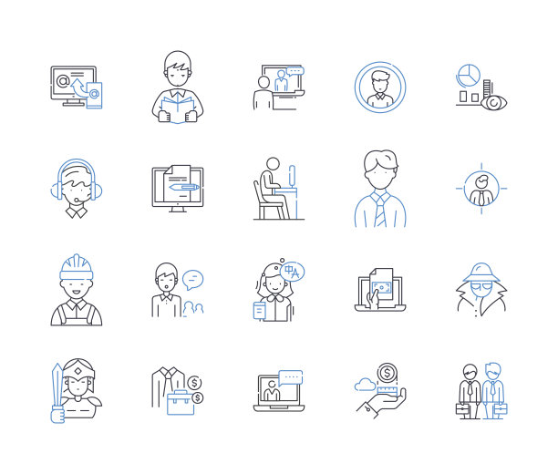 戏剧制作线性图标：灯光、音响、舞台、道具、剧本、表演、服装、化妆、编舞图片下载