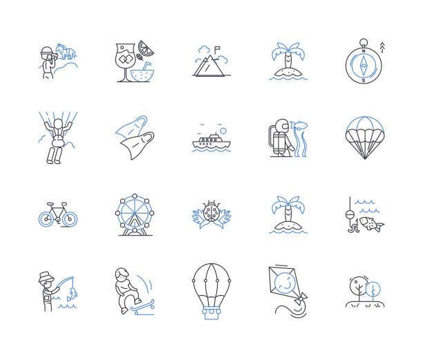 滑雪胜地线路图标集合。粉末，修整，雪，斜坡，地形，升降机，滑雪板矢量和线性插图。小径，山脉，冒险轮廓标志设置图片下载