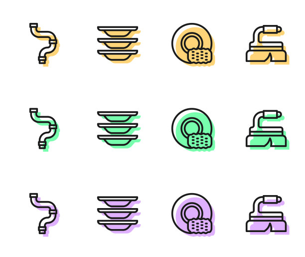 设置线清洗盘子，工业金属管，刷清洗图标。向量图片下载