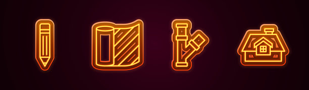 集线铅笔与橡皮，墙纸，工业金属管和房屋。发光的霓虹灯图标。向量图片下载