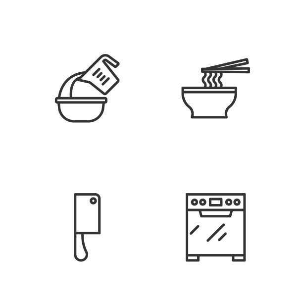 设置线烤箱，肉斩，量杯和碗和亚洲面条图标。向量图片下载