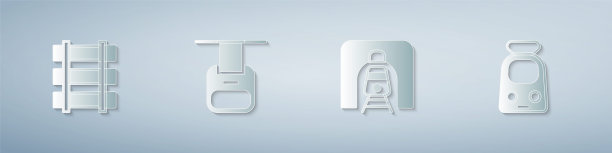 集铁路，铁路轨道，缆车，铁路隧道和火车。纸艺风格。向量图片下载