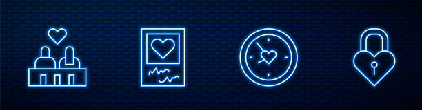 设置线时钟与心，情侣在爱，相框和心和城堡的形状。砖墙上发光的霓虹灯图标。向量图片下载