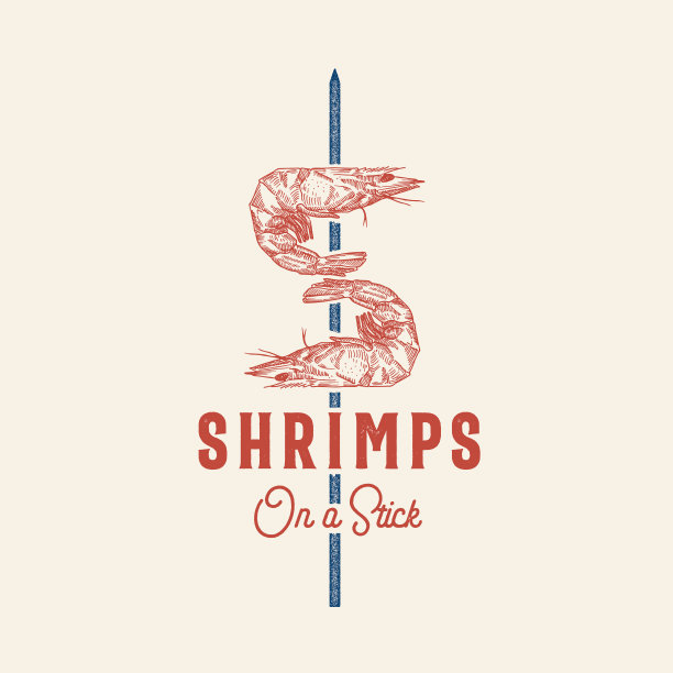 虾在一个棒抽象矢量标志，符号或徽章模板。手绘虾或对虾与高级复古排版。时尚复古矢量徽章概念。图片下载
