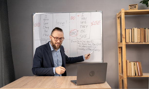 微笑的成年男性讲师的画像教英语用记号笔指着白板上的语法规则，看着学生在他的在线课程。远程外语学习图片下载
