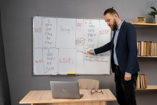 在家上现代英语课。老师指着写有规则的白板，让学生在客厅里用笔记本电脑。电子学习的概念。图片下载