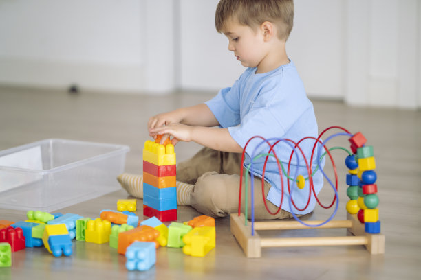 小男孩在家里玩拼图图片下载