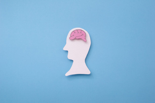 脑袋里有大脑的人是用蓝色背景的剪纸做成的。图片下载