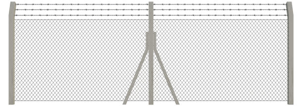 混凝土杆和金属链连接栅栏与铁丝网隔离在白色背景与剪辑路径。图片下载