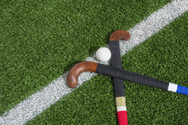 俯视着一对曲棍球棍，球在中线图片下载