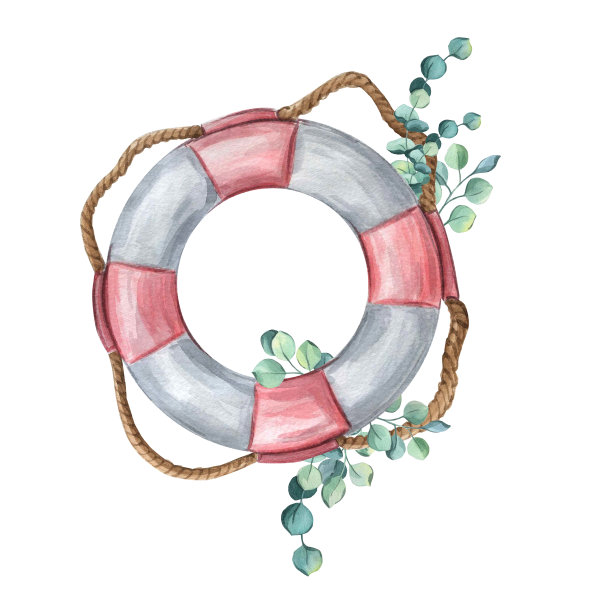 水彩航海，航海，花束。海洋元素与花朵。白色背景上的航海元素。带花救生圈图片下载