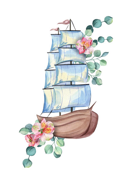 水彩航海，航海，花卉插图。海洋元素与花朵。白色背景上的航海元素。载花船图片下载