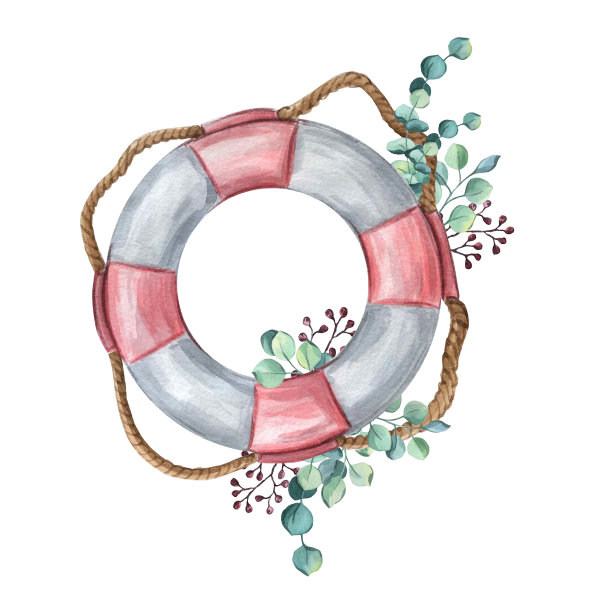 水彩航海，航海，花束。海洋元素与花朵。白色背景上的航海元素。带花救生圈图片下载