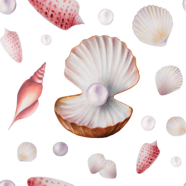 水彩无缝图案与贝壳和珍珠。手绘剪纸水下生活对象在一个白色孤立的背景。适合设计师，装饰，明信片，包装纸，剪贴簿，封面，请柬，婚礼设计，海报和纺织品图片下载