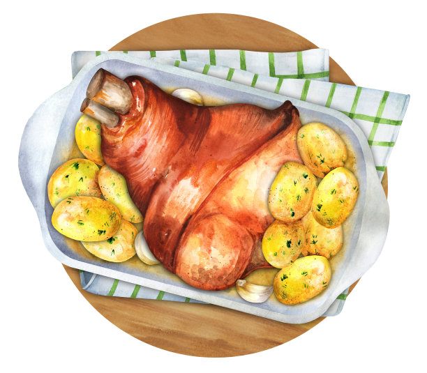 烤猪蹄配水煮土豆。水彩插图图片下载