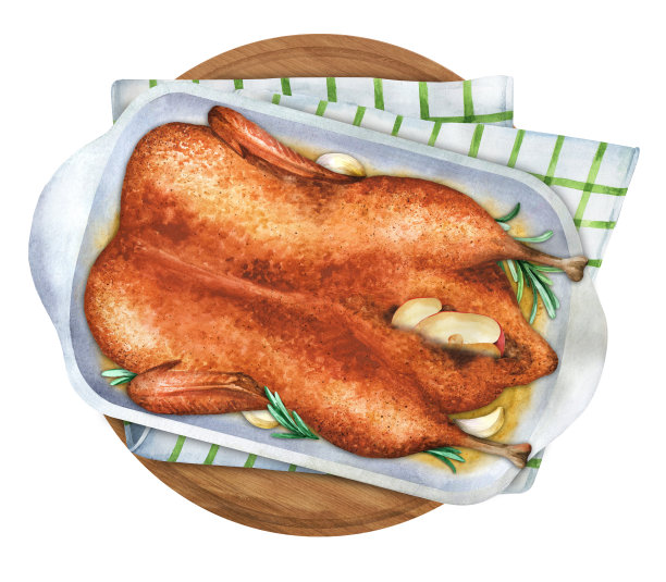乡村风味的迷迭香烤圣诞鸭。水彩插图图片下载