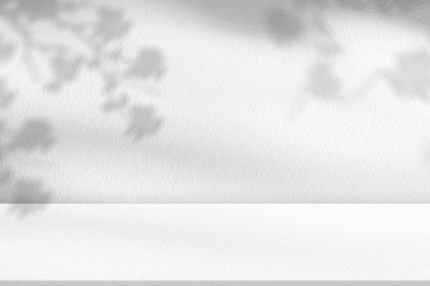 混凝土墙纹理与樱花阴影，白色水泥与树叶阴影覆盖在地板上，背景 空的灰色工作室房间与桌面，背景化妆品展示图片下载