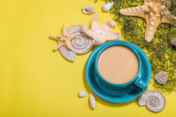 一杯海洋风格的咖啡。海星，贝壳，棕榈叶。硬光，暗影图片下载