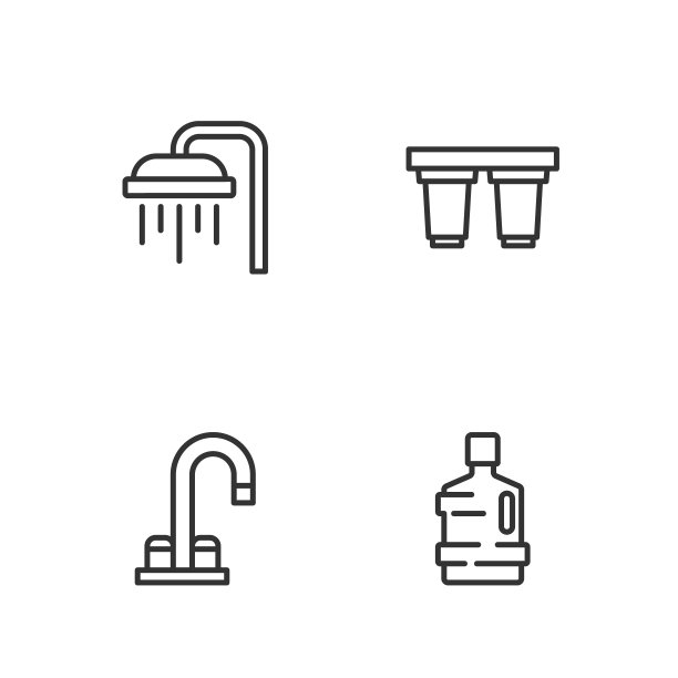 设置线大瓶清洁水，水龙头，淋浴和过滤筒图标。向量图片下载