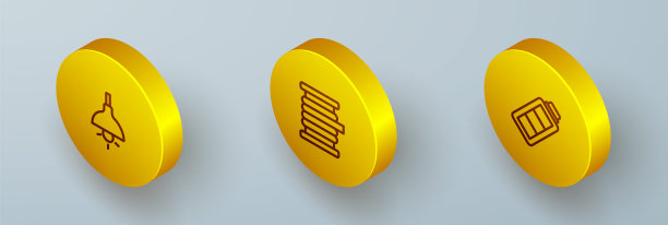 设置等距线灯悬挂，卷轴上电线电缆和电池充电图标。向量图片下载