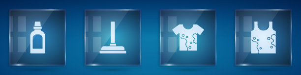 清洗剂瓶，橡胶柱塞，脏t恤和。方形玻璃板。向量图片下载