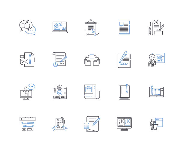 销售文字线图标收集。说服，文案，投球，转换，广告，信息，讲故事矢量和线性插图。影响力，沟通，描述性大纲标志设置图片下载