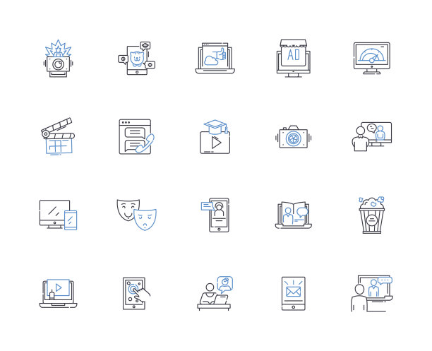 Showtime线图标集合。戏剧，喜剧，惊悚，悬疑，动作，犯罪，神秘矢量和线性插图。恐怖，浪漫，幻想的轮廓标志设置图片下载