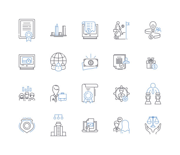 证券行业线条图标集合。股票，债券，证券，投资，经纪，交易，股票矢量和线性插图。华尔街、股票、证券交易所设立大纲标志图片下载