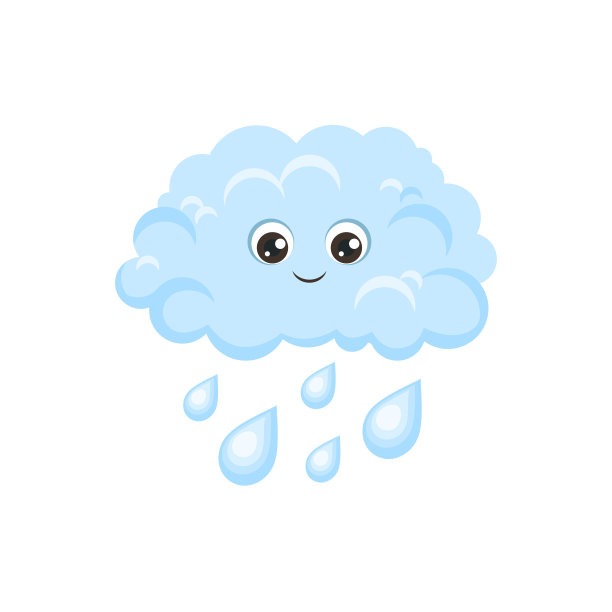 可爱的微笑有趣的云和雨。天气预报图标。矢量卡通平面插图。婴儿的风格。图片下载