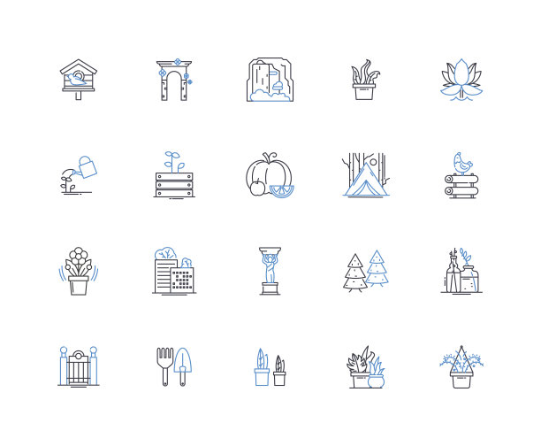 风景线图标集合。宁静，雄伟，风景优美，风景如画，宁静，翠绿，田园诗般的矢量和线性插图。惊人的，宁静的，乡村的轮廓标志设置图片下载