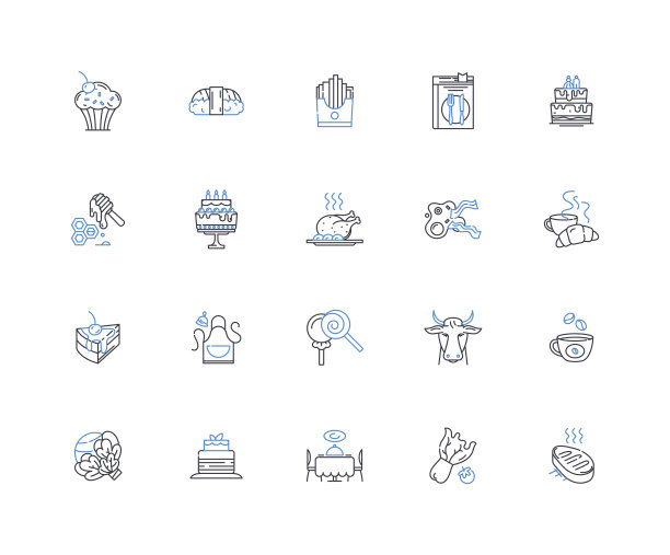 餐线图标集合。营养，开胃，美味，充实，满足，平衡，有益健康的矢量和线性插图。舒适，营养，美味的轮廓标志设置图片下载