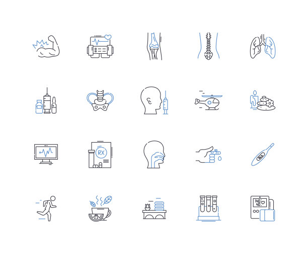 健康干预线图标集合。健身，健康，运动，饮食，营养，健康，恢复矢量和线性插图。康复，治疗，自我保健大纲标志设置图片下载