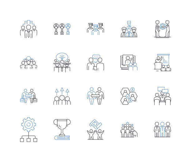 公会线图标收集。社区，友谊，联盟，团队合作，忠诚，支持，统一矢量和线性插图。兄弟会，姐妹会，会员大纲标志设置图片下载