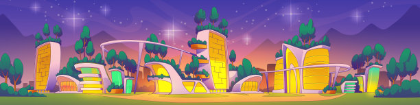 未来的生态城市在夜间矢量插图图片下载