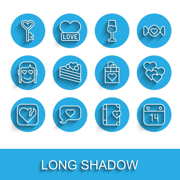 设定线心碎或离婚，心在演讲泡沫，关键形状，爱情日记，日历与2月14日，婚礼蛋糕，和购物袋图标。向量图片下载