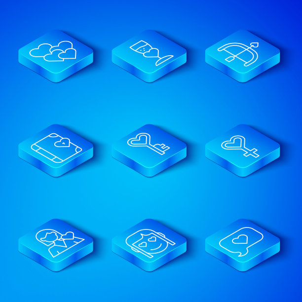 设定线浪漫的女孩，关键在心脏形状，女性的性别符号，弓箭，爱情日记，心和言语泡沫图标。向量图片下载