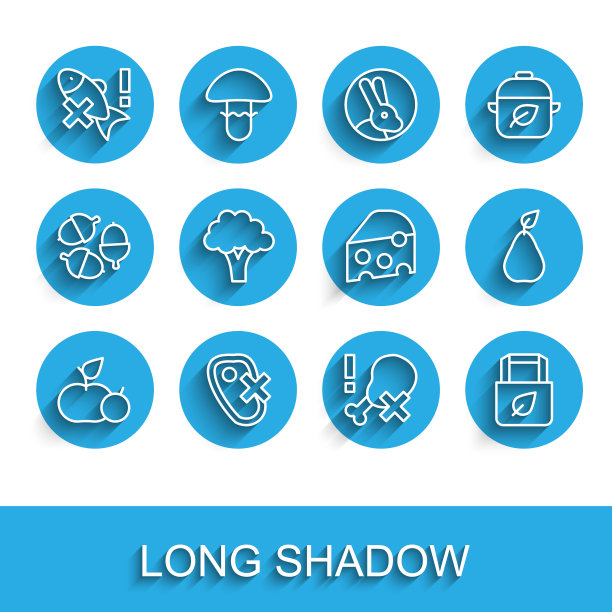 设定线苹果，无肉，鱼，鸡腿，购物袋与回收，西兰花，梨和奶酪图标。向量图片下载