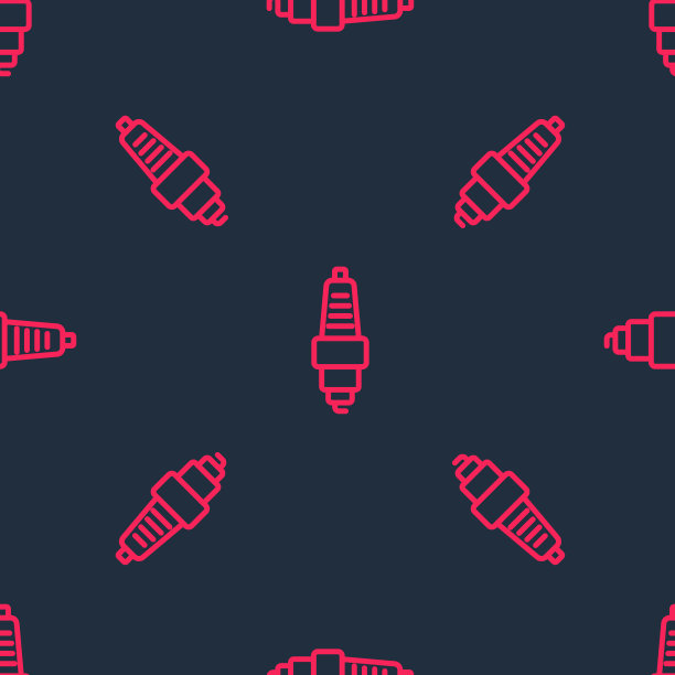 红线汽车火花塞图标隔离无缝图案黑色背景。汽车电蜡烛。向量图片下载