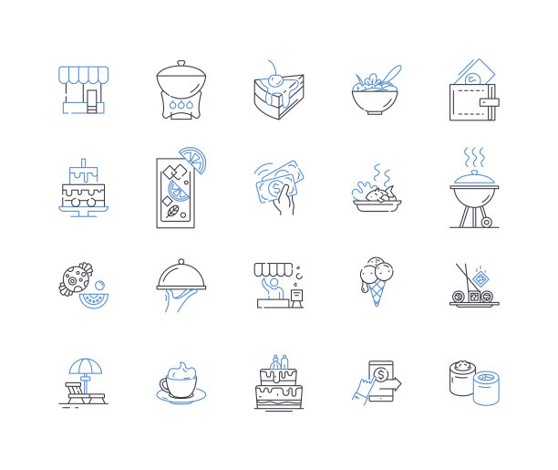 餐饮服务管理行图标收集。餐饮，菜单，服务，招待，生产，库存，操作矢量和线性插图。采购，质量，成本大纲标志设置图片下载