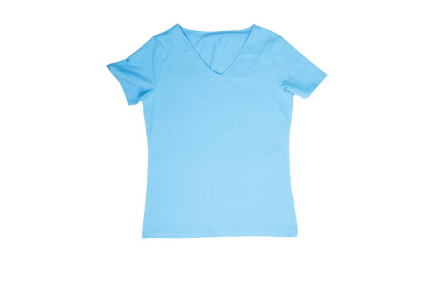 t恤设计，女式蓝色空白t恤模板，正面，服装模型为印花，隔离在白色背景上，夏季基本服装图片下载