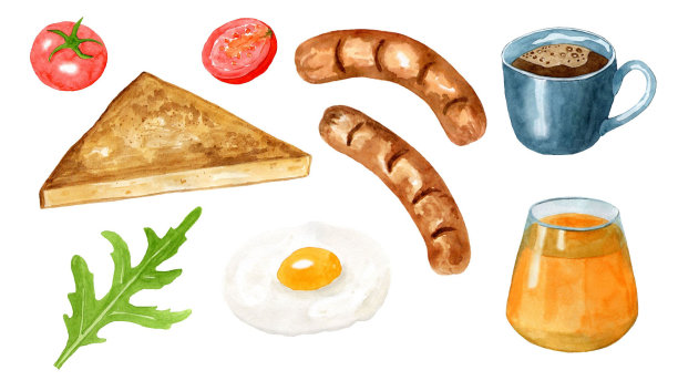 传统早餐包括鸡蛋、香肠、三明治、西红柿和香草、杯子和果汁。手绘水彩插图孤立的白色背景。设计菜单模板。图片下载