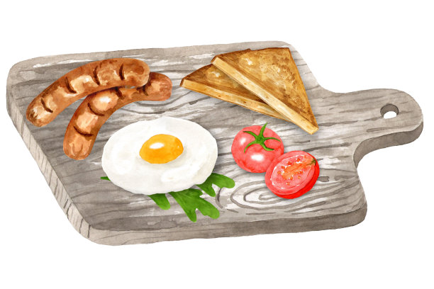 传统的早餐有鸡蛋，吐司，香肠，西红柿和香草放在砧板上。手绘水彩插图孤立的白色背景。模板设计。图片下载