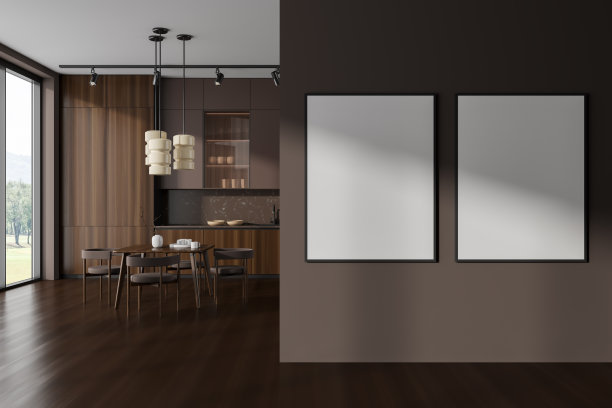 黑暗的厨房和餐厅内部与空的白色海报图片下载