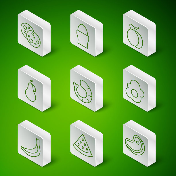 设线牛排肉，西瓜，饼干与巧克力，虾，梨，鸡蛋站，香蕉和炒图标。向量图片下载