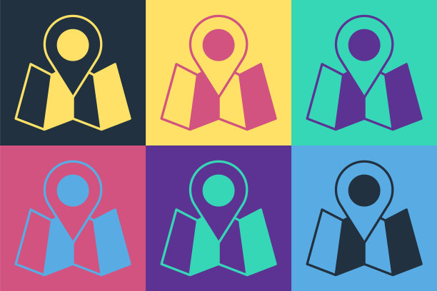 波普艺术风格的带位置标记的折叠地图图标，矢量图图片下载