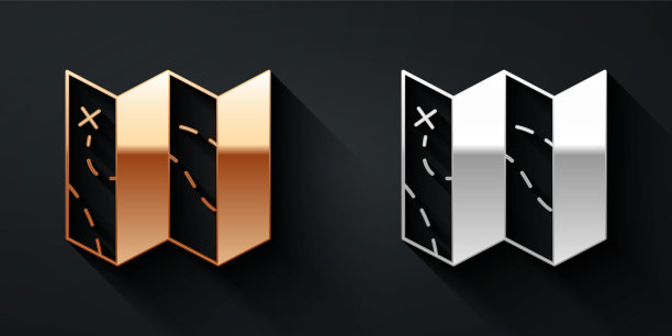 黄金和白银折叠地图图标孤立的黑色背景。长影式。向量图片下载
