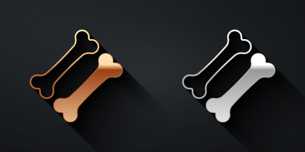 金色和银色的狗骨图标孤立的黑色背景。宠物食品标志。长影式。向量图片下载