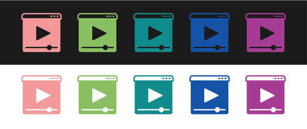 设置在线播放视频图标隔离在黑白背景上。带游戏标志的胶片条。向量图片下载