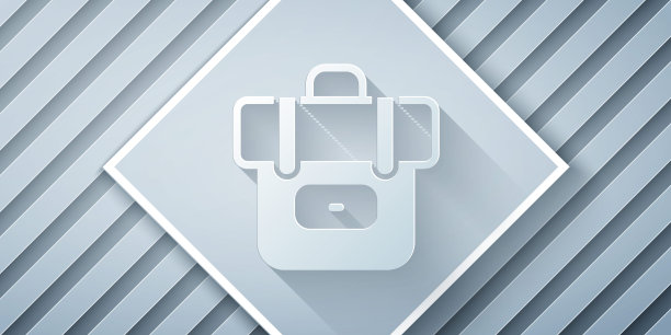 剪纸徒步背包图标孤立的灰色背景。露营和登山探险双肩包。纸艺风格。向量图片下载