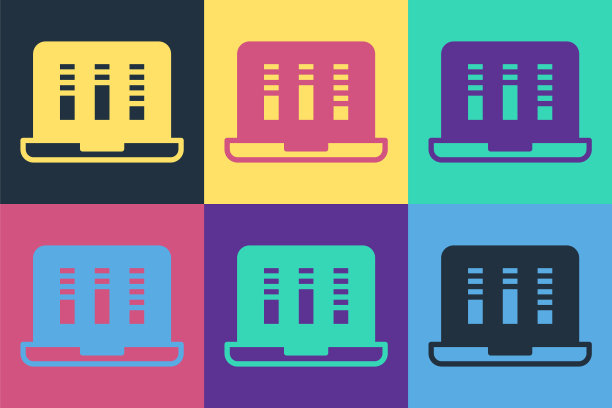 波普艺术声音或录音或编辑软件的笔记本电脑图标隔离的颜色背景。向量图片下载